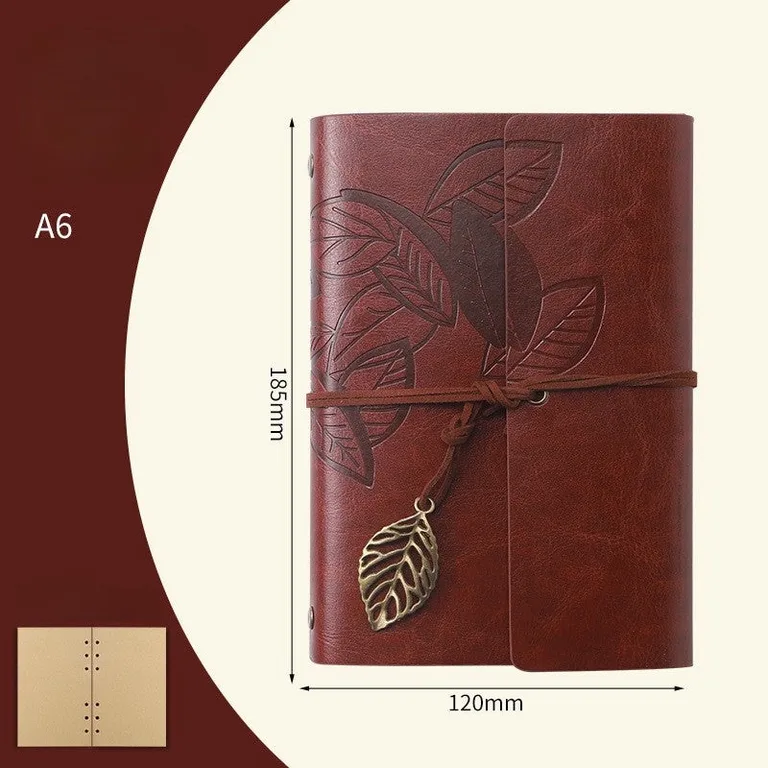 A6 Retro Leaf Notebook - Red Brown (Blank)
