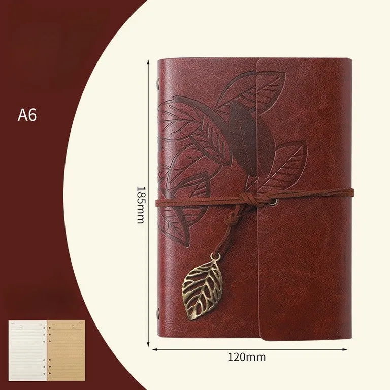 A6 Retro Leaf Notebook - Red Brown (Lined)
