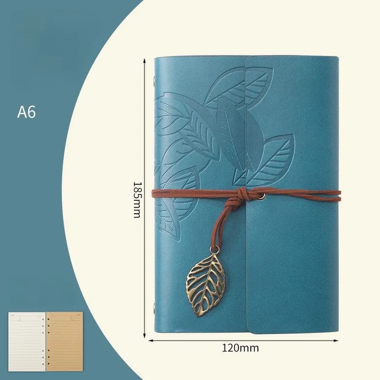A6 Retro Leaf Notebook - Lake Blue (Lined)
