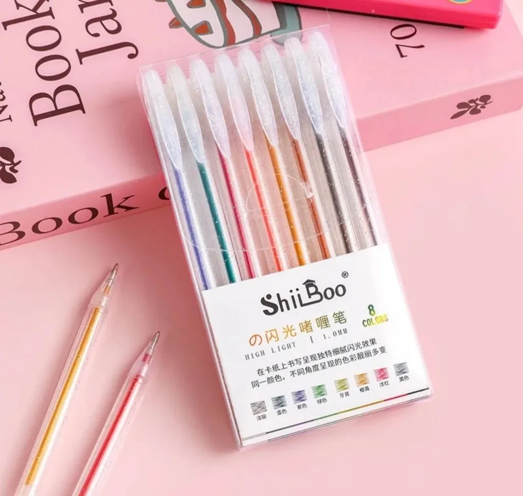 Pack of 8 Coloured Shimmer Gel Pens 1mm Tip
